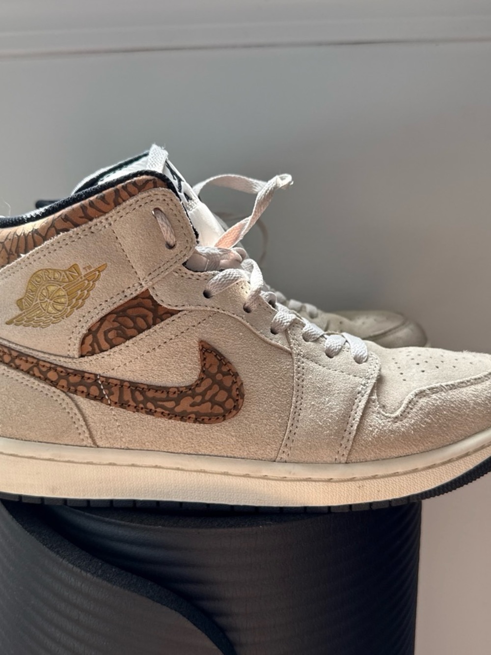 Jordan Men’s Beige Suede High-Top Sneakers with Brown Patterned Swoosh